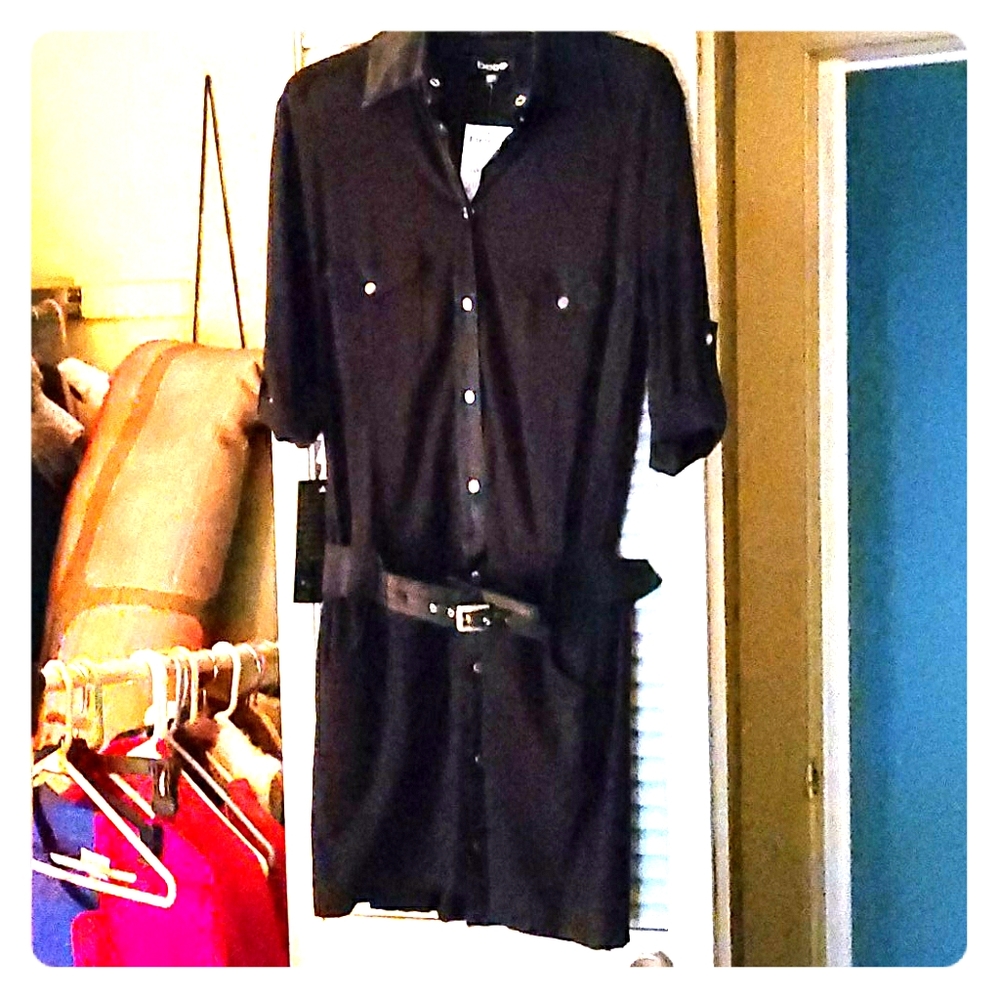 Bebe Black shirt belted gold snap front dress M
